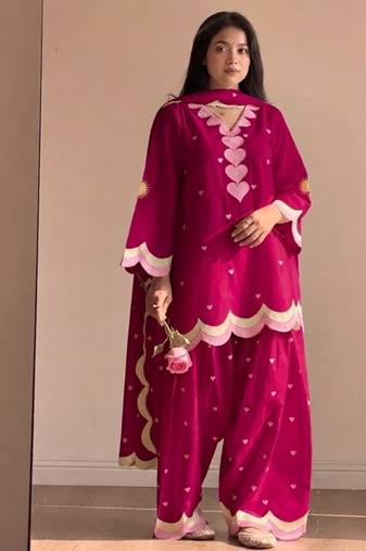 Rani pink embroidery chanderi cotton full stitched farshi salwar suit set