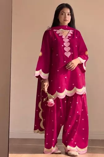 Rani pink embroidery chanderi cotton full stitched farshi salwar suit set