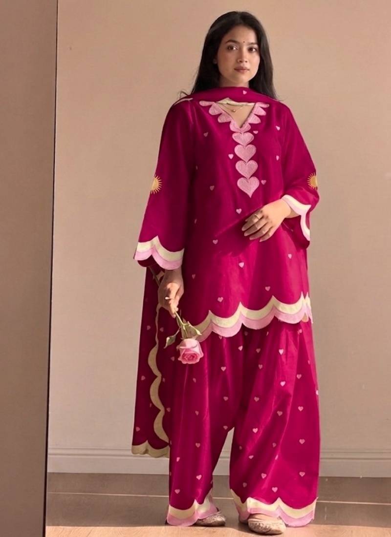 Rani pink embroidery chanderi cotton full stitched farshi salwar suit set