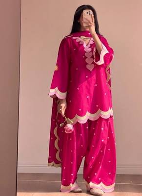 Rani pink embroidery chanderi cotton full stitched farshi salwar suit set 2