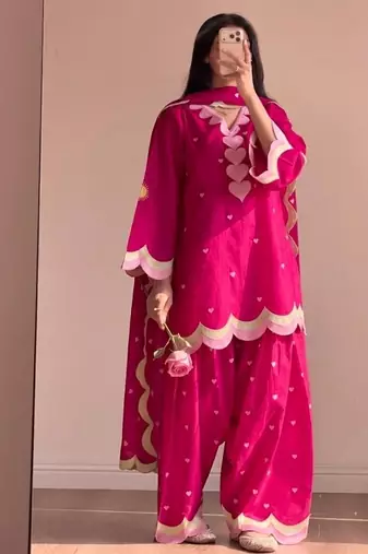 Rani pink embroidery chanderi cotton full stitched farshi salwar suit set