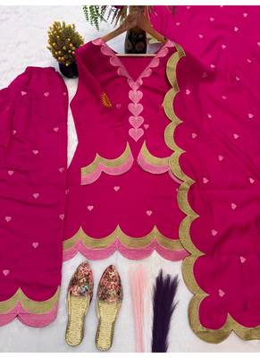 Rani pink embroidery chanderi cotton full stitched farshi salwar suit set 3