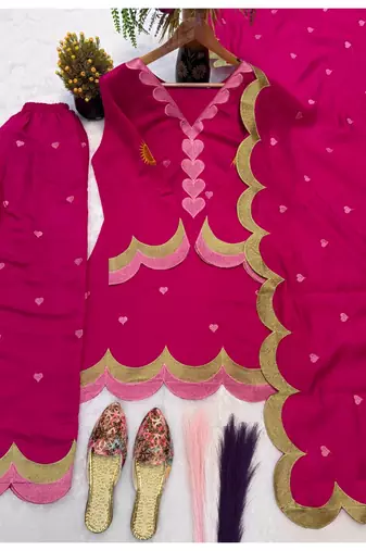 Rani pink embroidery chanderi cotton full stitched farshi salwar suit set