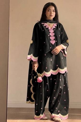 Black embroidery chanderi cotton full stitched farshi salwar suit set