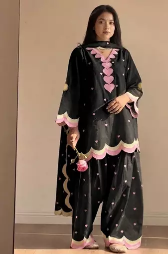 Black embroidery chanderi cotton full stitched farshi salwar suit set