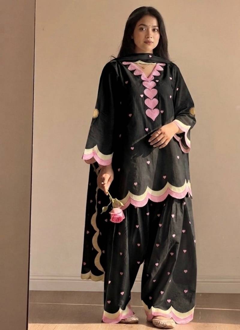 Black embroidery chanderi cotton full stitched farshi salwar suit set