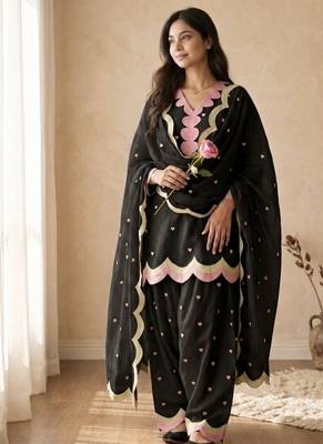 Black embroidery chanderi cotton full stitched farshi salwar suit set 2