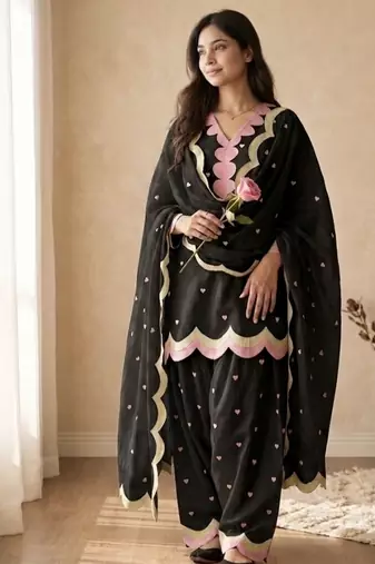 Black embroidery chanderi cotton full stitched farshi salwar suit set