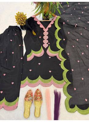 Black embroidery chanderi cotton full stitched farshi salwar suit set 3
