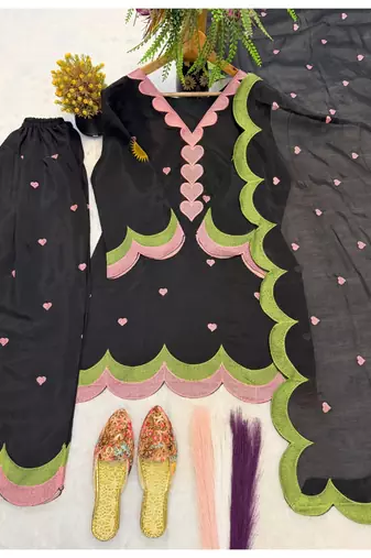 Black embroidery chanderi cotton full stitched farshi salwar suit set