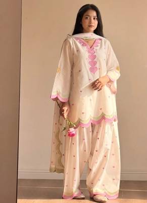 Off white embroidery chanderi cotton full stitched farshi salwar suit set 1