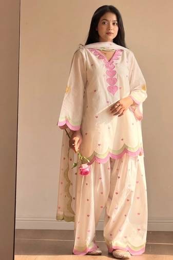 Off white embroidery chanderi cotton full stitched farshi salwar suit set
