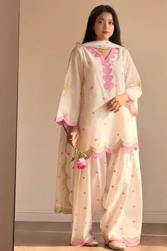 Off white embroidery chanderi cotton full stitched farshi salwar suit set