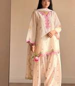 Off white embroidery chanderi cotton full stitched farshi salwar suit set