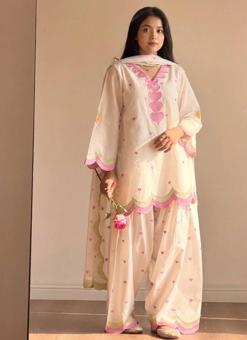 Off white embroidery chanderi cotton full stitched farshi salwar suit set