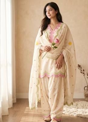 Off white embroidery chanderi cotton full stitched farshi salwar suit set 2