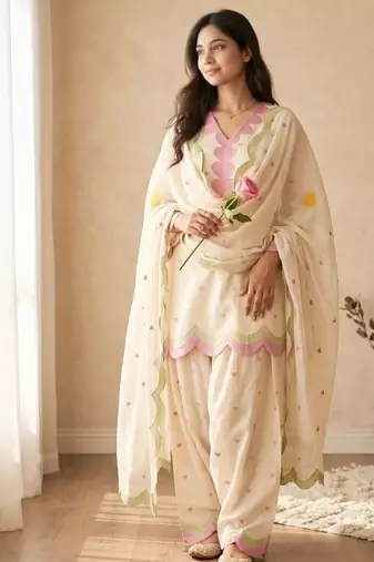 Off white embroidery chanderi cotton full stitched farshi salwar suit set