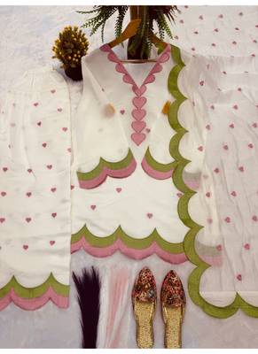 Off white embroidery chanderi cotton full stitched farshi salwar suit set 3