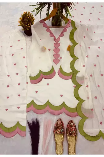 Off white embroidery chanderi cotton full stitched farshi salwar suit set