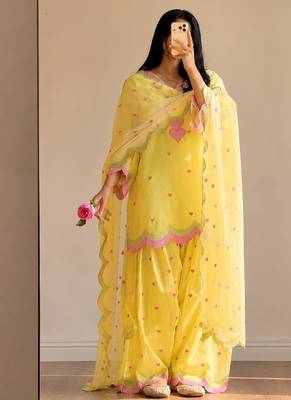 Yellow embroidery chanderi cotton full stitched farshi salwar suit set 1