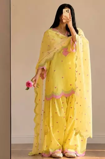 Yellow embroidery chanderi cotton full stitched farshi salwar suit set