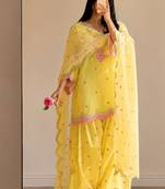 Yellow embroidery chanderi cotton full stitched farshi salwar suit set
