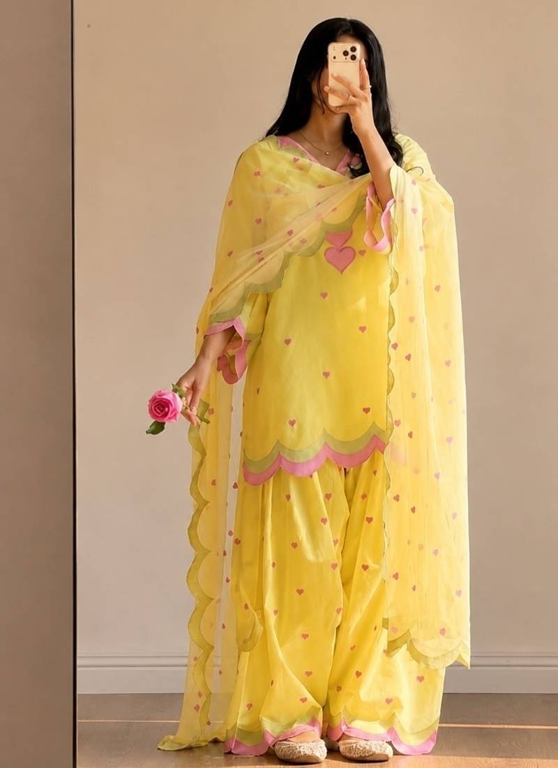 Yellow embroidery chanderi cotton full stitched farshi salwar suit set