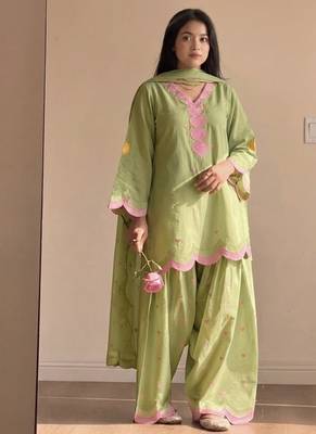 Pista green embroidery chanderi cotton full stitched farshi salwar suit set 1