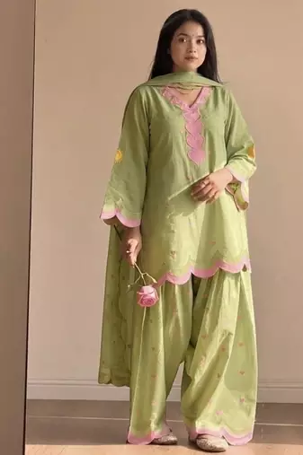 Pista green embroidery chanderi cotton full stitched farshi salwar suit set