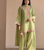 Pista green embroidery chanderi cotton full stitched farshi salwar suit set