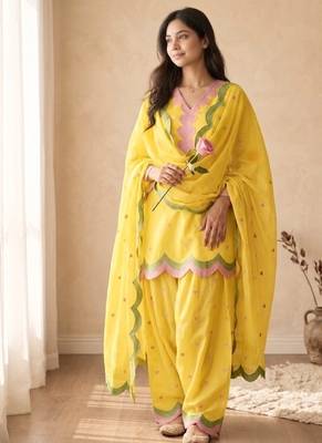 Yellow embroidery chanderi cotton full stitched farshi salwar suit set 2