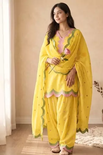 Yellow embroidery chanderi cotton full stitched farshi salwar suit set