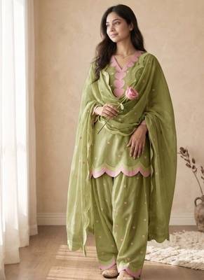 Pista green embroidery chanderi cotton full stitched farshi salwar suit set 2