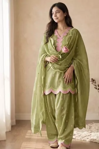 Pista green embroidery chanderi cotton full stitched farshi salwar suit set