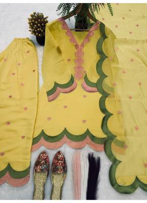 Yellow embroidery chanderi cotton full stitched farshi salwar suit set 3