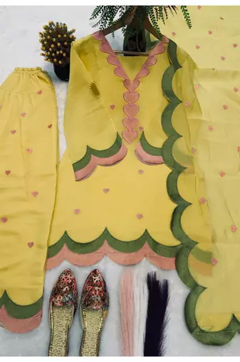Yellow embroidery chanderi cotton full stitched farshi salwar suit set