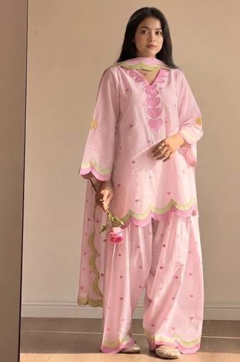 Pink embroidery chanderi cotton full stitched farshi salwar suit set