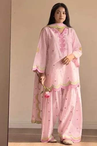 Pink embroidery chanderi cotton full stitched farshi salwar suit set