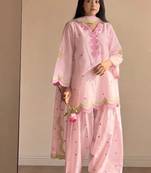 Pink embroidery chanderi cotton full stitched farshi salwar suit set
