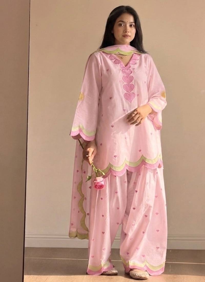 Pink embroidery chanderi cotton full stitched farshi salwar suit set