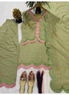 Pista green embroidery chanderi cotton full stitched farshi salwar suit set 3