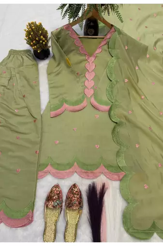 Pista green embroidery chanderi cotton full stitched farshi salwar suit set