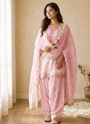 Pink embroidery chanderi cotton full stitched farshi salwar suit set 2