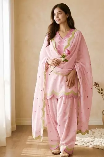 Pink embroidery chanderi cotton full stitched farshi salwar suit set