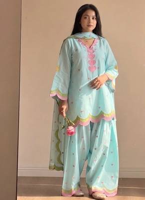 Sky blue embroidery chanderi cotton full stitched farshi salwar suit set 1