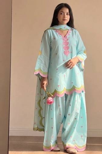 Sky blue embroidery chanderi cotton full stitched farshi salwar suit set