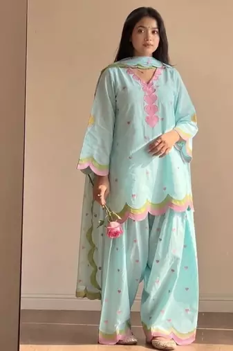 Sky blue embroidery chanderi cotton full stitched farshi salwar suit set
