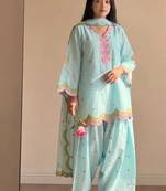 Sky blue embroidery chanderi cotton full stitched farshi salwar suit set