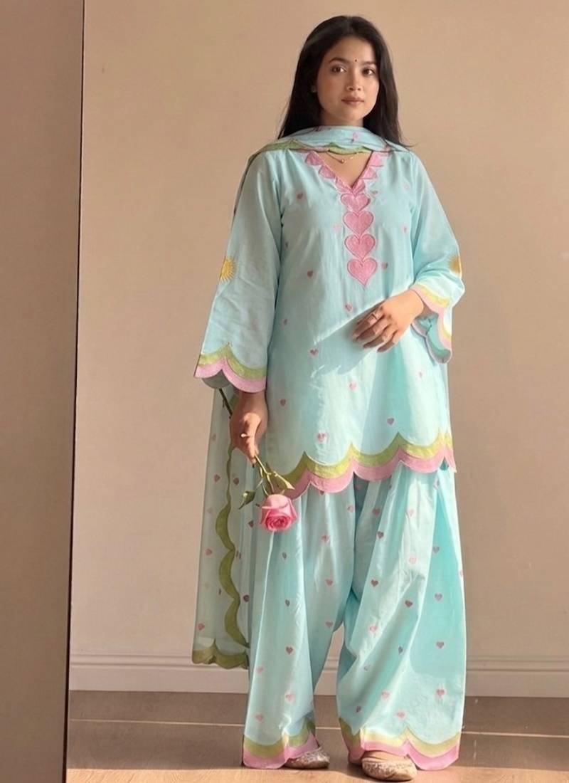 Sky blue embroidery chanderi cotton full stitched farshi salwar suit set