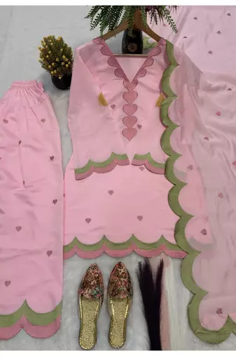 Pink embroidery chanderi cotton full stitched farshi salwar suit set